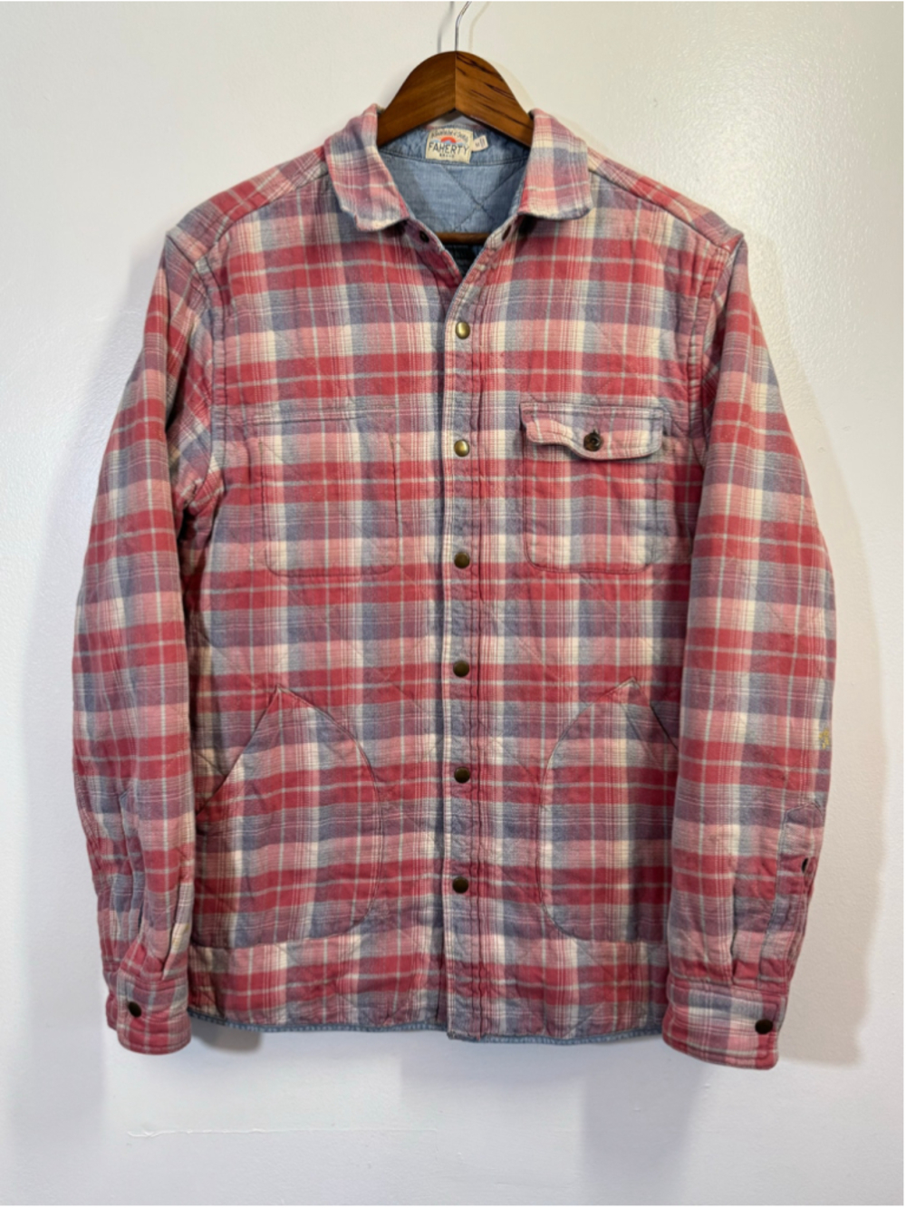 Faherty Men’s Medium Quilted Lined Plaid Shirt Jacket CPO Red Blue Button Front